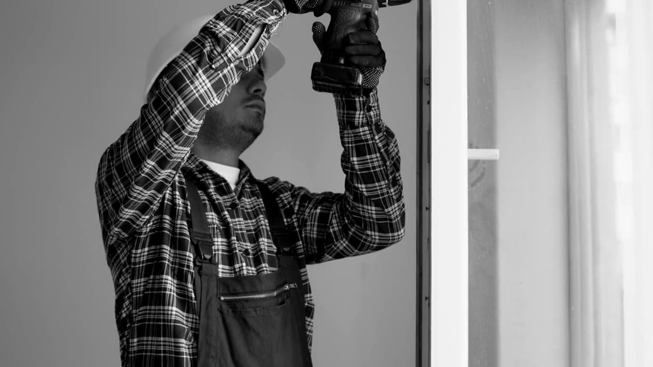 A fitter installing a window frame on site