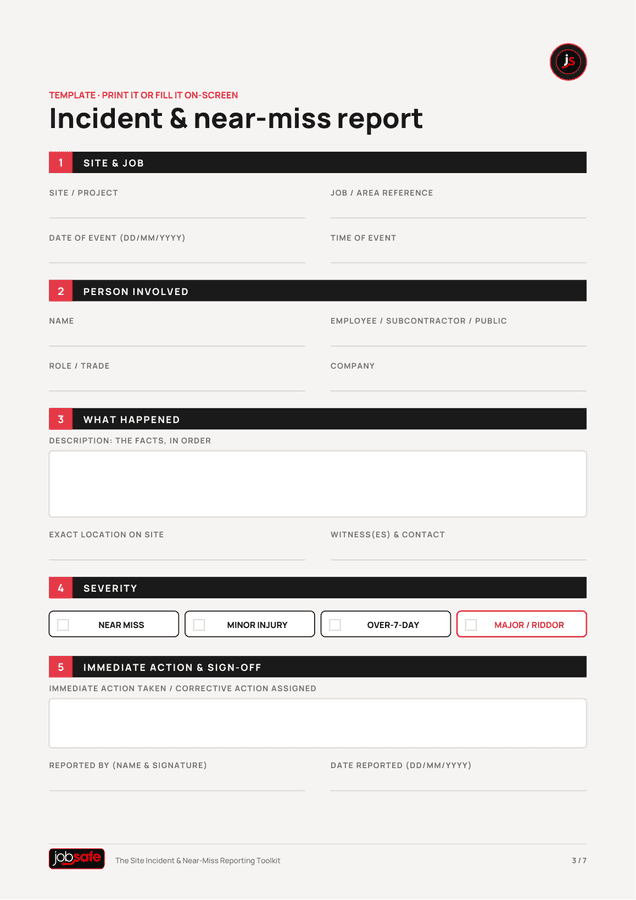The incident and near-miss report template page from the toolkit