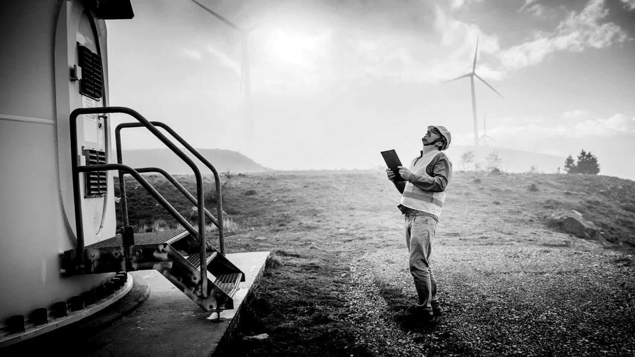 A field engineer inspecting a wind turbine alone at a remote hillside site
