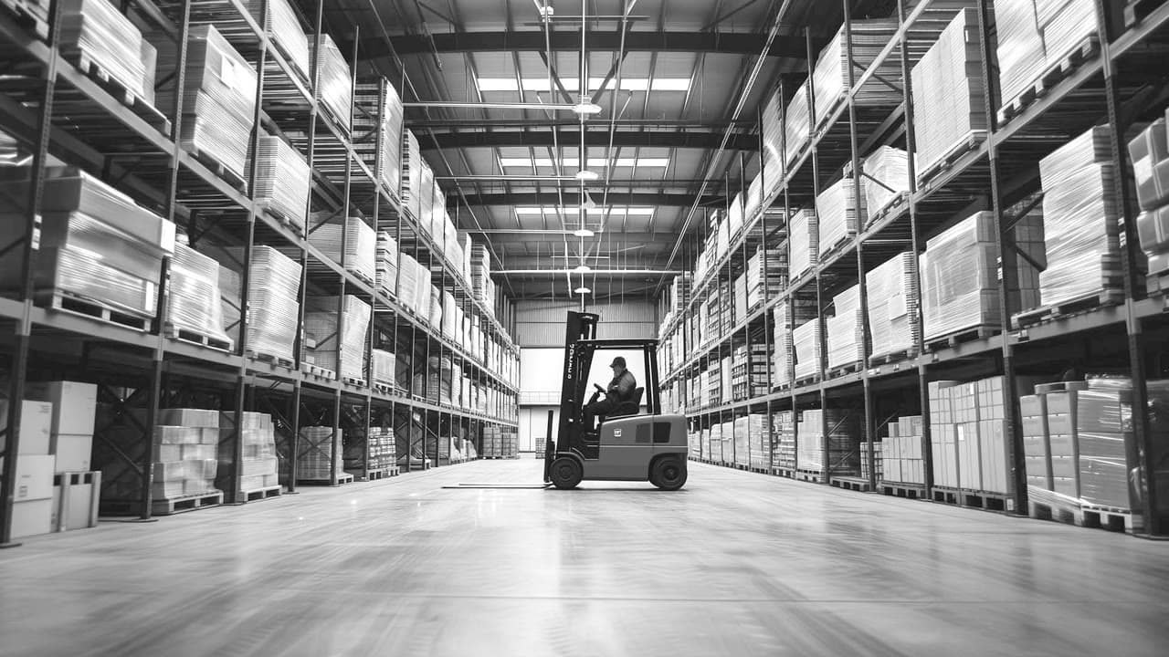 A forklift truck working an aisle between loaded pallet racking in a distribution warehouse