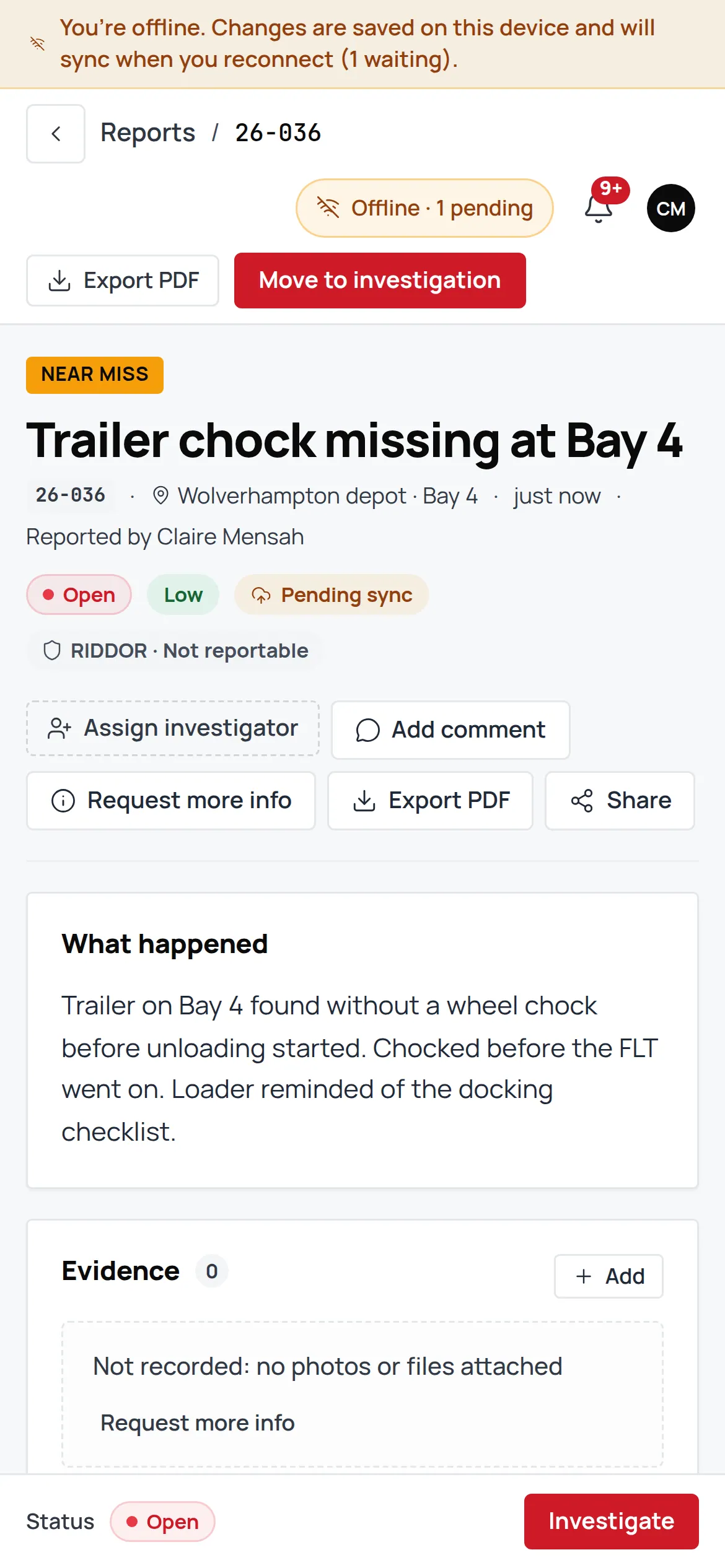jobsafe on a phone while offline: the banner says you are offline and changes are saved on this device and will sync when you reconnect, the sync chip reads Offline, 1 pending, and a near-miss report filed offline shows Open, Low and an amber Pending sync pill beside its status.