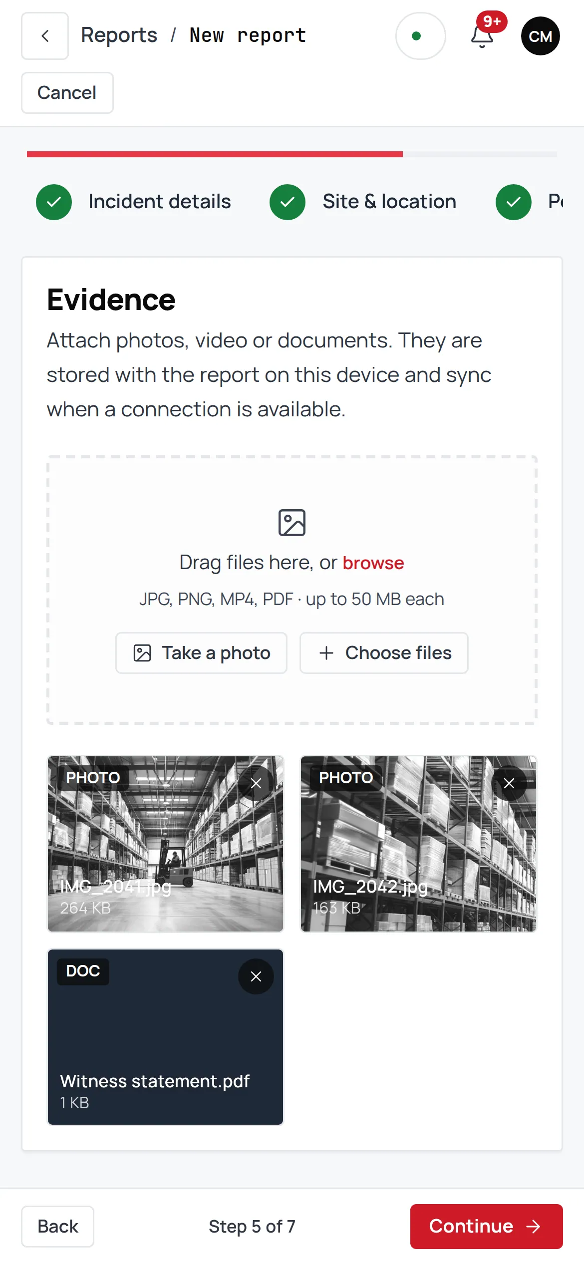 New incident report on a phone at step 5 of 7, Evidence: a dropzone accepting JPG, PNG, MP4 and PDF up to 50 MB each with Take a photo and Choose files buttons, and three attached files shown as tiles, two warehouse photos and a witness statement PDF.